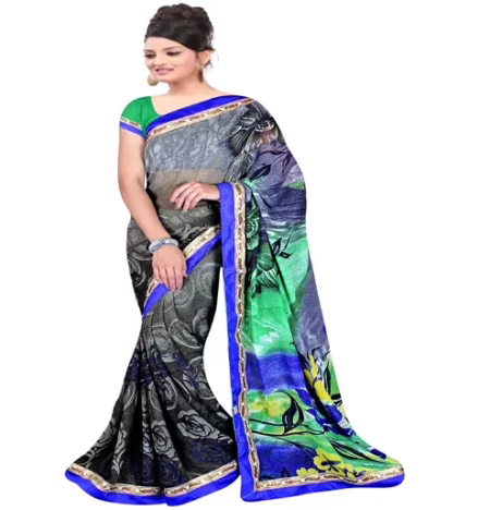 Grey Colour Chiffon Floral Printed Occation Wear Traditional Saree With Matching Blouse Piece