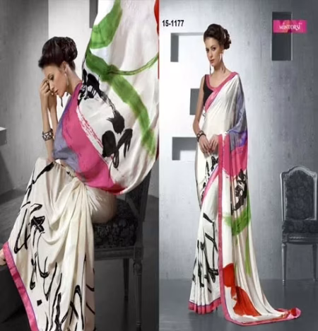 White & Multi Printed Silk Crepe Saree