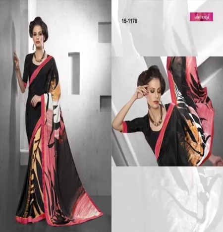 Black & Multi Printed Silk Crepe Saree