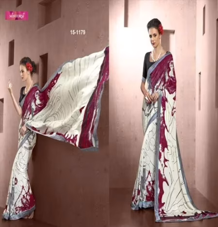 Cream & brown Silk Crepe Printed Saree