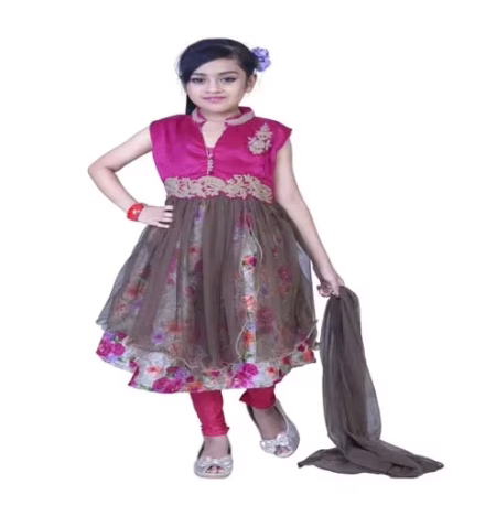 Pazaar Persian Rose-Pink And Deep Fallow Brown Embroidered Festival Kids Anarkali Suit