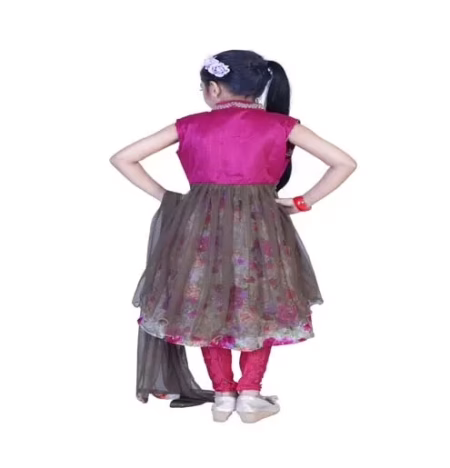 Pazaar Persian Rose-Pink And Deep Fallow Brown Embroidered Festival Kids Anarkali Suit