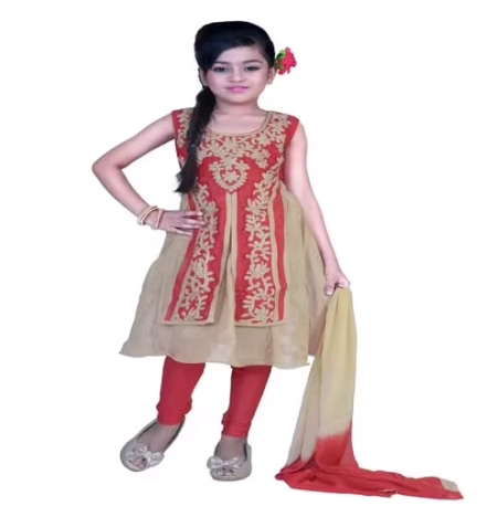 Pazaar Rose-Madder Red And Peach Yellow Embroidered Festival Kids Anarkali Suit