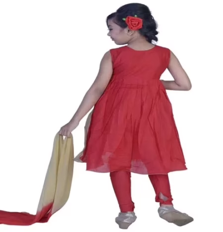 Pazaar Rose-Madder Red And Peach Yellow Embroidered Festival Kids Anarkali Suit
