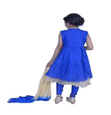Pazaar Persian Blue And Peach Yellow Embroidered Festival Kids Anarkali Suit