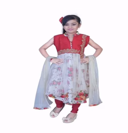 Pazaar Off-white And Rose-Madder Red Embroidered Festival Kids Anarkali Suit