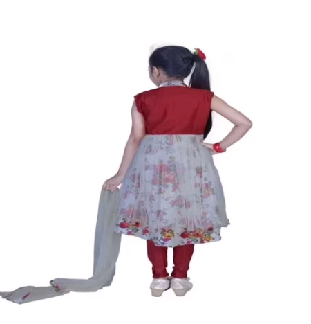 Pazaar Off-white And Rose-Madder Red Embroidered Festival Kids Anarkali Suit