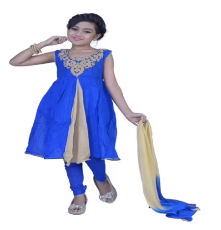 Pazaar Persian Blue And Peach Yellow Embroidered Festival Kids Anarkali Suit