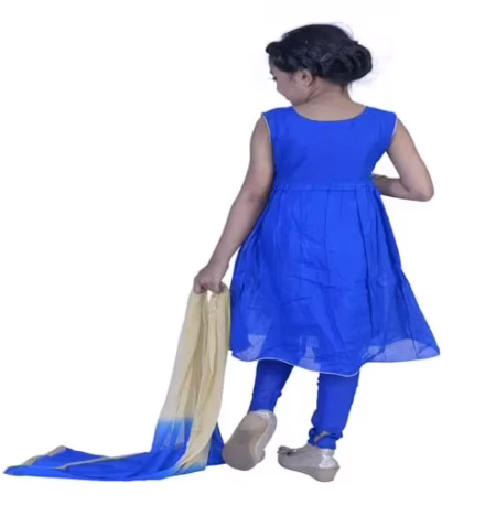 Pazaar Persian Blue And Peach Yellow Embroidered Festival Kids Anarkali Suit