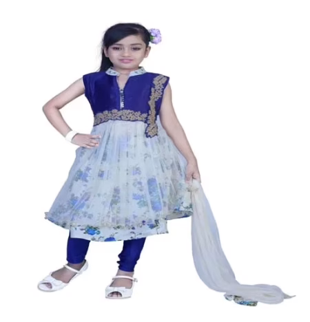 Pazaar Off-white And Persian Blue Embroidered Festival Kids Anarkali Suit