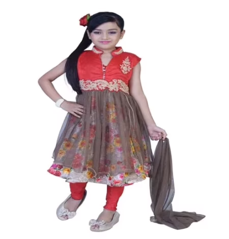 Pazaar Rose-Madder Red And Deep Fallow Brown Embroidered Festival Kids Anarkali Suit