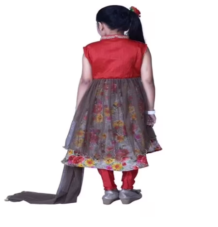 Pazaar Rose-Madder Red And Deep Fallow Brown Embroidered Festival Kids Anarkali Suit