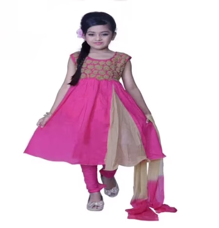 Pazaar Persian-Rose Pink And Peach Yellow Embroidered Festival Kids Anarkali Suit