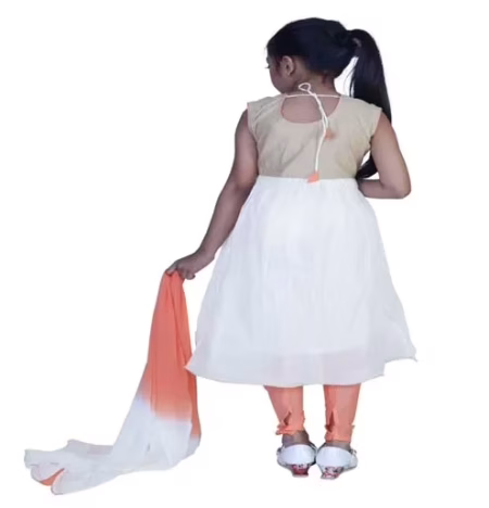 Pazaar Off-white And Salmon Orange Embroidered Festival Kids Anarkali Suit