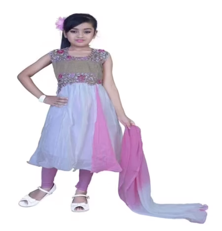 Pazaar Off-white And Persian Pink Embroidered Festival Kids Anarkali Suit