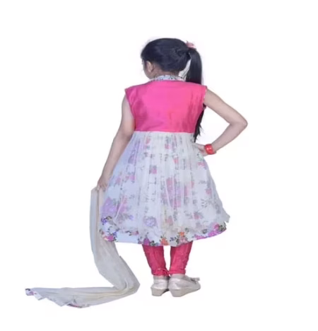 Pazaar Off-white And Hot Pink Embroidered Festival Kids Anarkali Suit