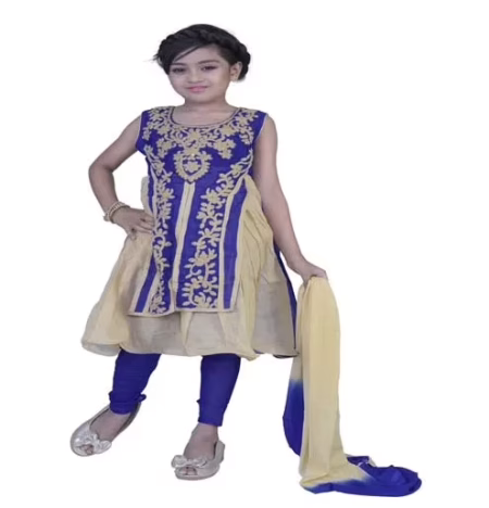 Pazaar Persian Blue And Peach Yellow Embroidered Festival Kids Anarkali Suit