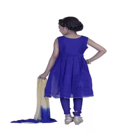 Pazaar Persian Blue And Peach Yellow Embroidered Festival Kids Anarkali Suit