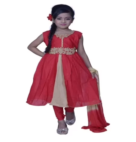 Pazaar Rose-madder Red And Peach Yellow Embroidered Festival Kids Anarkali Suit