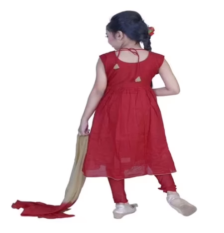 Pazaar Rose-madder Red And Peach Yellow Embroidered Festival Kids Anarkali Suit