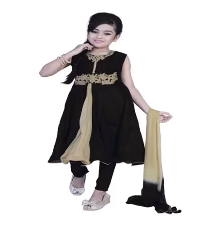 Pazaar Black And Peach Yellow Embroidered Festival Kids Anarkali Suit