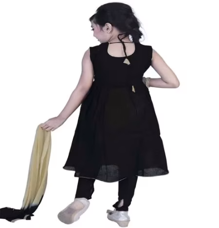 Pazaar Black And Peach Yellow Embroidered Festival Kids Anarkali Suit