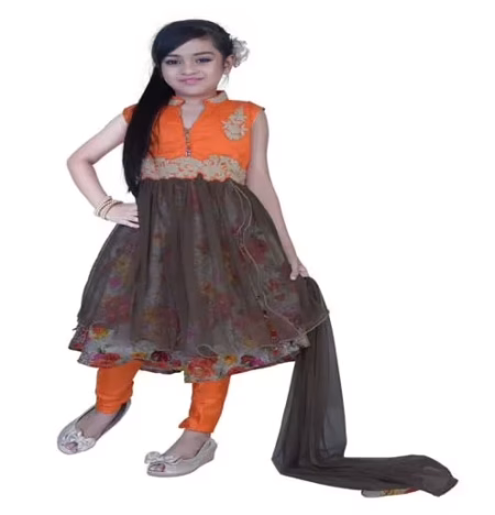 Pazaar Pumpkin Orange And Deep Fallow Brown Embroidered Festival Kids Anarkali Suit