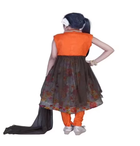 Pazaar Pumpkin Orange And Deep Fallow Brown Embroidered Festival Kids Anarkali Suit
