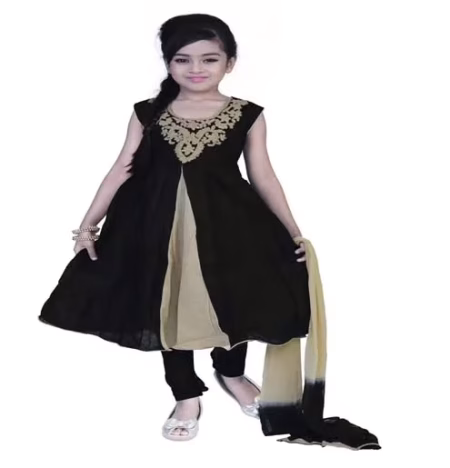 Pazaar Black And Peach Yellow Embroidered Festival Kids Anarkali Suit