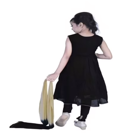 Pazaar Black And Peach Yellow Embroidered Festival Kids Anarkali Suit