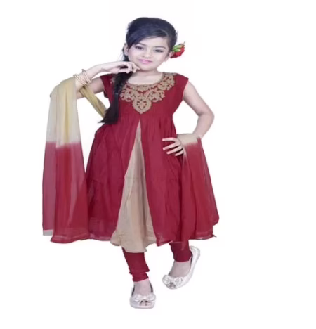 Pazaar Rose-madder Red And Peach Yellow Embroidered Festival Kids Anarkali Suit