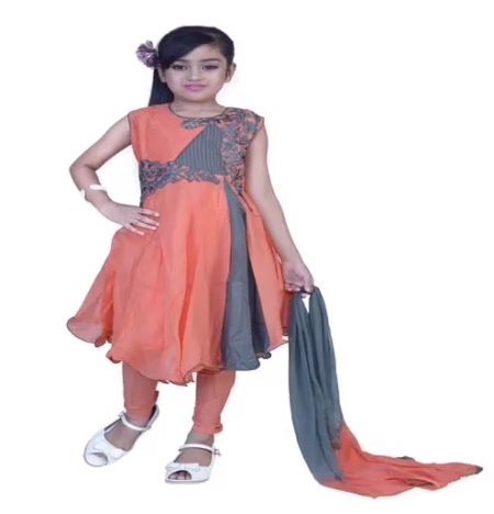Pazaar Salmon Orange And Slate Gray Embroidered Festival Kids Anarkali Suit