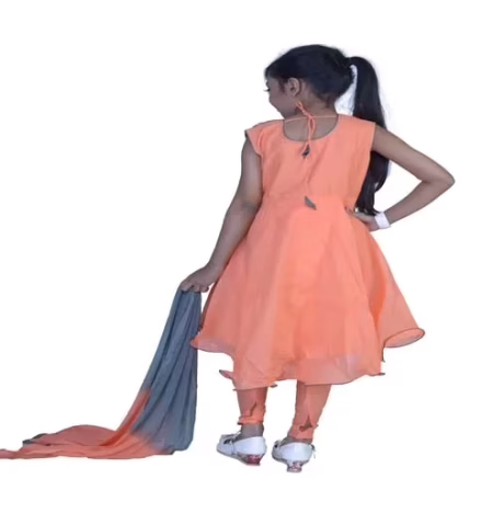 Pazaar Salmon Orange And Slate Gray Embroidered Festival Kids Anarkali Suit