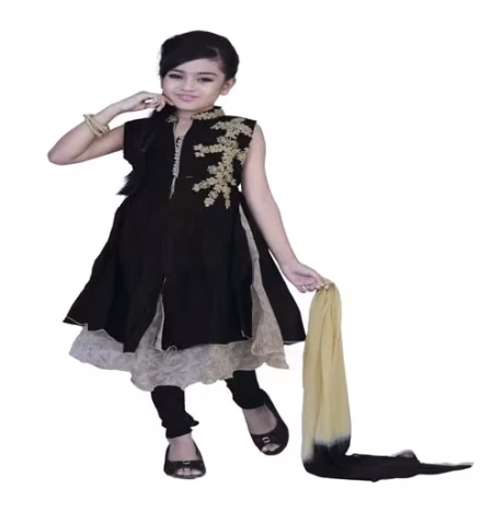 Pazaar Black and Peach Yellow Embroidered Festival Kids Anarkali Suit