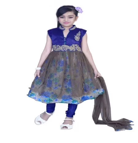 Pazaar Persian Blue And Deep Fallow Brown Embroidered Festival Kids Anarkali Suit