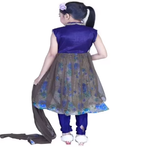 Pazaar Persian Blue And Deep Fallow Brown Embroidered Festival Kids Anarkali Suit