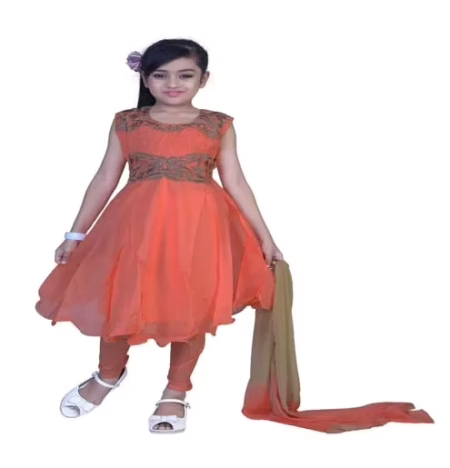 Pazaar Salmon Orange Embroidered Festival Kids Anarkali Suit