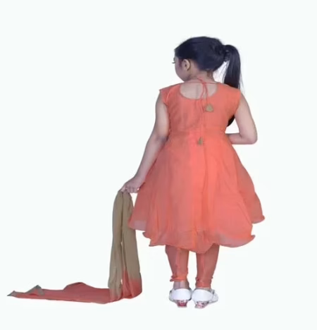 Pazaar Salmon Orange Embroidered Festival Kids Anarkali Suit