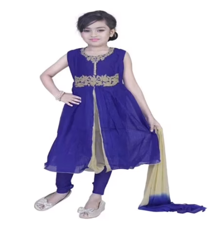 Pazaar Persian Blue And Peach Yellow Embroidered Festival Kids Anarkali Suit