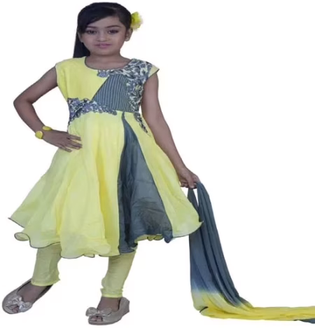Pazaar Lemon Yellow and Slate Gray Embroidered Festival Kids Anarkali Suit