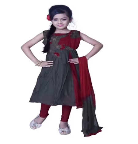 Pazaar Arsenic Gray And Crimson Red Embroidered Festival Kids Anarkali Suit
