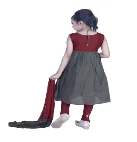 Pazaar Arsenic Gray And Crimson Red Embroidered Festival Kids Anarkali Suit