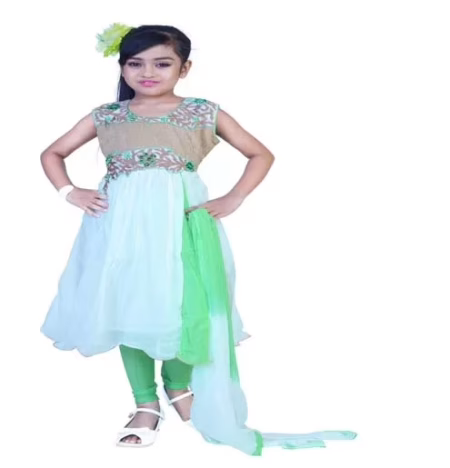 Pazaar Off-white And Celadon Green Embroidered Festival Kids Anarkali Suit