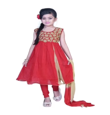 Pazaar Rose-Madder Red And Peach Yellow Embroidered Festival Kids Anarkali Suit