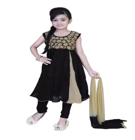 Pazaar Black And Peach Yellow Embroidered Festival Kids Anarkali Suit
