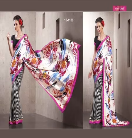Cream & Black Line PrintedSilk Crepe Saree