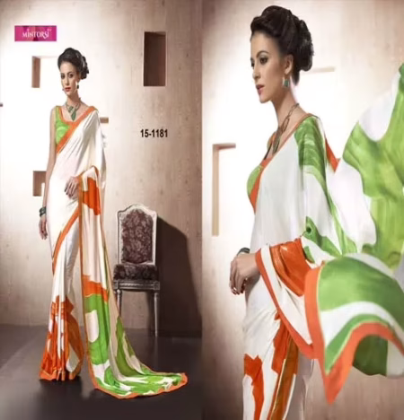 White & Orange Silk Crepe Printed Saree