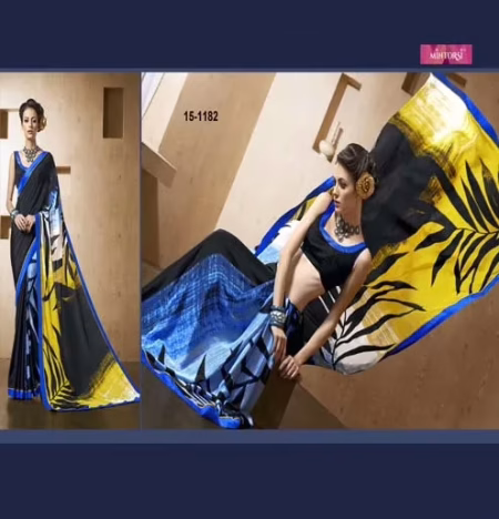 Blue & Black Silk Crepe Printed Saree