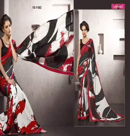 Black With Red Border Silk Crepe Printed Saree