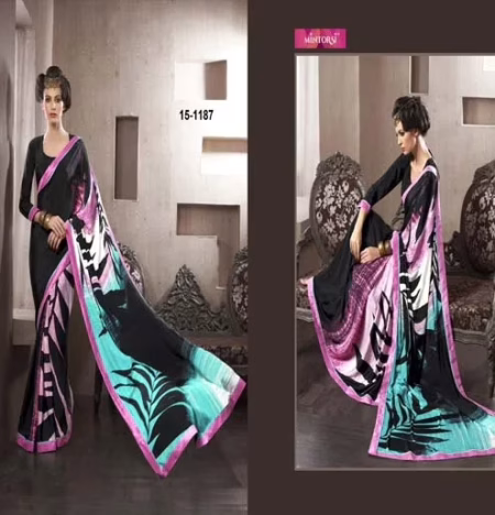 Black & Rain Border Silk Crepe Printed Saree